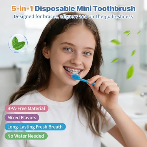 GoFujuco 70-Pack 5-in-1 Disposable Travel Toothbrush with Floss & Tongue Scraper