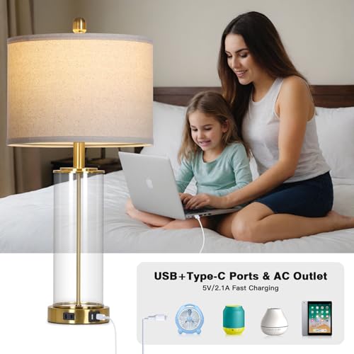 26-Inch Gold Glass Table Lamps Set of 2 - Dimmable Touch Control Bedside Lamps with USB & Power Outlet - Modern Living Room Decor Variation: Gold-26-Inch-2PK