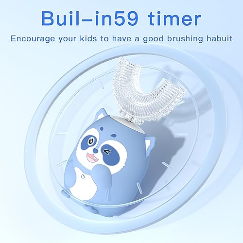 ELOTAME Kids Electric U-Shaped Toothbrush Gray Raccoon 59s Timer, Ages 8-15