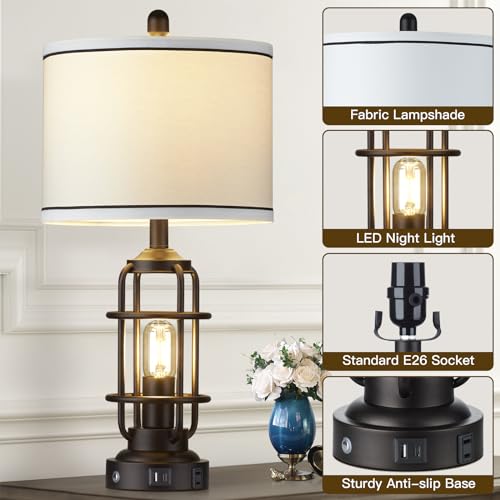 Black Industrial Dimmable Bedside Table Lamp with USB-C & AC Outlet - Modern Nightstand Light - 4 Bulbs Included - Rustic Touch Control