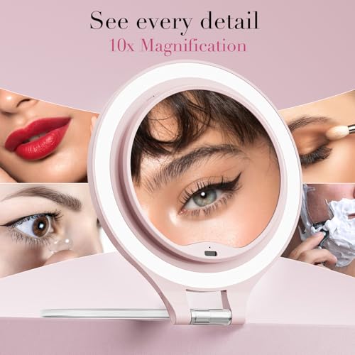 FASCINATE Pink Double-Sided Lighted Travel Magnifying Mirror with 10X/1X LED Lighting