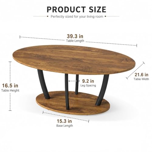 Manora Rustic Oval Coffee Table with Storage Shelf - Brown, 2-Tier Farmhouse Design