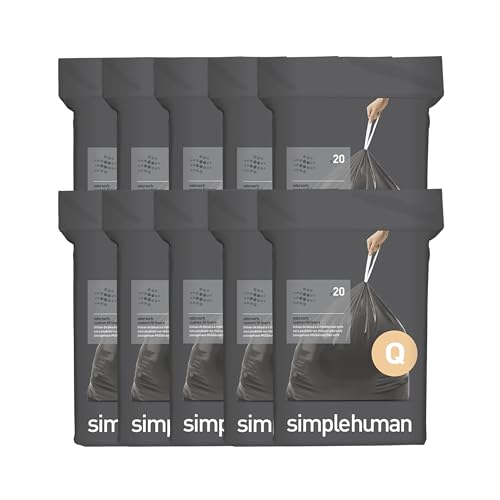 simplehuman Code Q 200 Count Odorsorb Custom Fit Trash Bags - Drawstring, Extra Thick, 50-65L, 50% PCR Plastic, Mess-Free Dispense