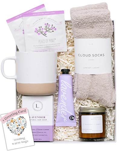 Spa Gift Basket for Women with Lavender Candle & Bath Bomb - Sending Hugs Card Included