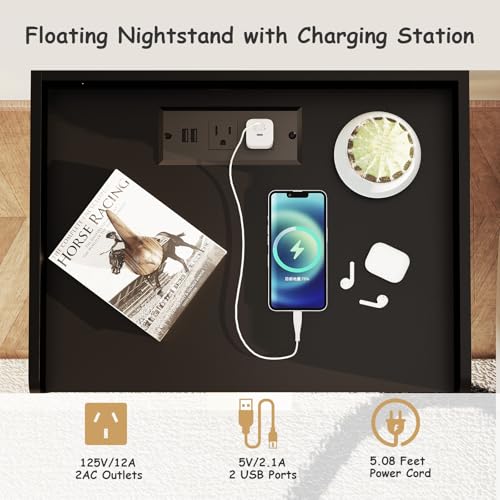 Black Floating Nightstand Set of 2 with Charging Stations & Drawer - Wall-Mounted Bedroom Furniture