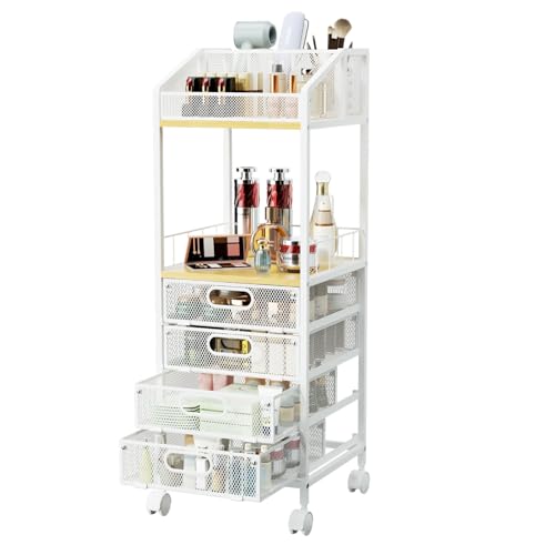 Natural 4-Drawer Makeup Cart with Wheels - Space-Saving Organizing Storage