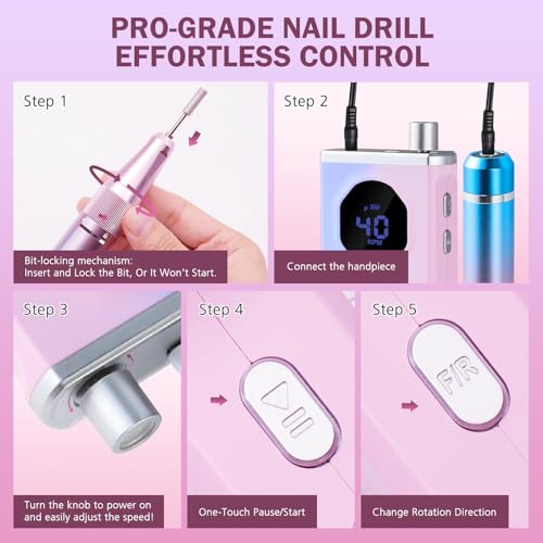 Electric Nail Drill 40000RPM Cordless Manicure & Pedicure Kit with Accessories