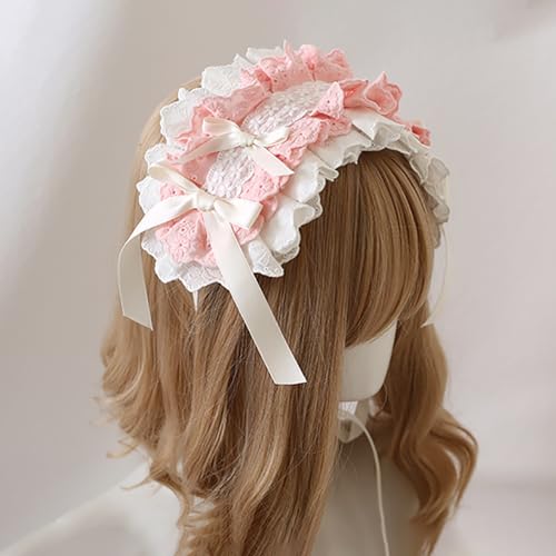 Gothic Lolita Headband Hair Accessories Bow Maid Headdress for Cosplay - White & Pink