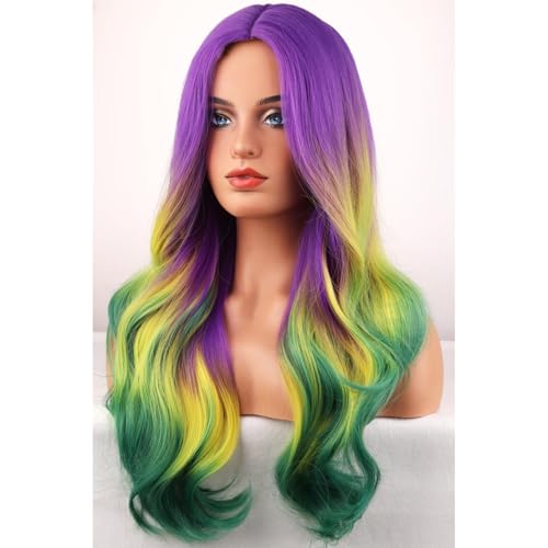 BERON Ombre Purple Yellow Green Long Wavy Heat-Resistant Synthetic Wig for Cosplay & Parties