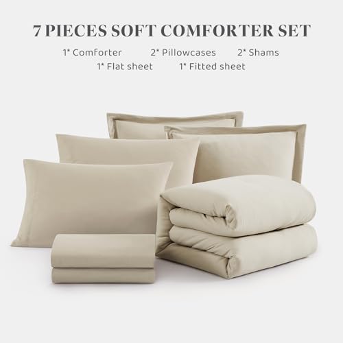 Queen Comforter Set - 7 Pieces Soft Microfiber Bedding in a Bag - Light Oatmeal, Queen (90x90)