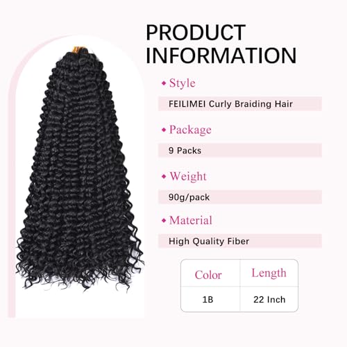 FEILIMEI 22 Inch Ocean Wave Crochet Hair - Synthetic Curly Braiding Hair, Pack of 9, #1B