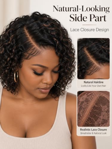 Deep Curly Human Hair Wig with Side Part Lace Closure - 12 Inch Ombre Black & Brown 1B/30
