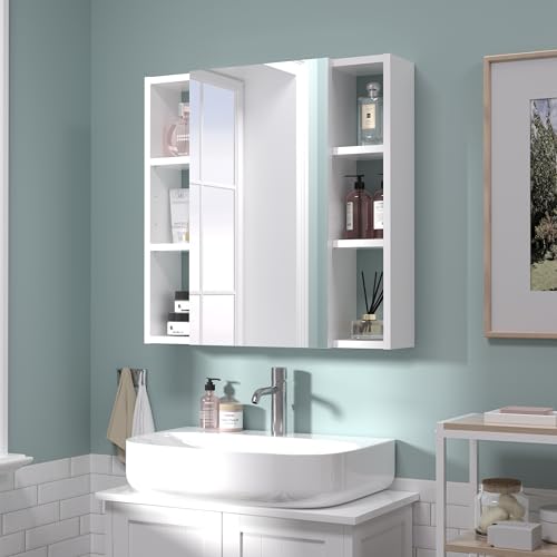 Wall-Mounted Bathroom Cabinet with Mirror, 2 Mirrored Doors, Adjustable Shelves, White