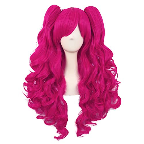 MapofBeauty Lolita Long Curly Pink Ponytail Clip-On Wig for Cosplay