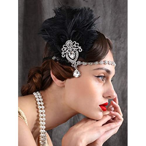 SWEETV 1920s Feather Headpiece Black, Womens Ostrich Feather Crystal Headband, Great Gatsby Hair Accessories for Women, Ribbon Tie