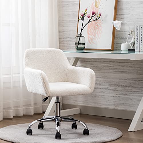 KCC Faux Fur Makeup Vanity Chair White Plush with Wheels and Adjustable Height