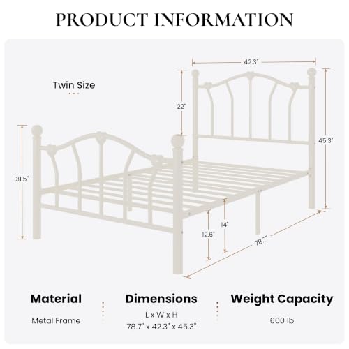 Twin Metal Bed Frame with Heart-Shaped Design - Cream White, Includes Storage and Noise Reduction - SHA CERLIN