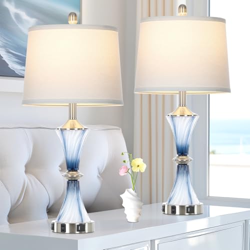Blue Glass Table Lamp Set of 2 with USB-C & Power Outlet - Modern Bedroom Nightstand Lamps