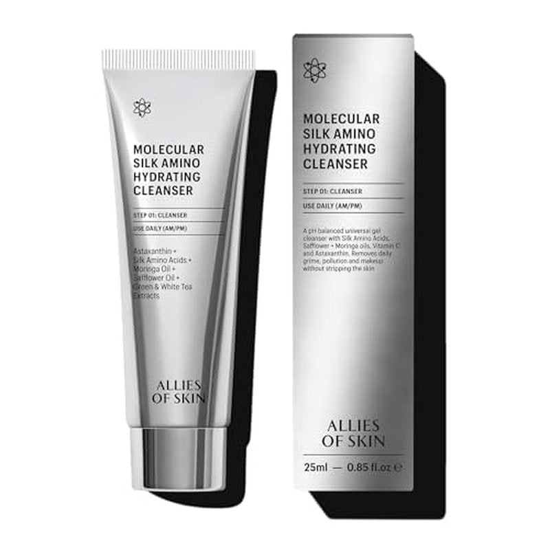 Allies of Skin Hydrating Silk Amino Travel Size Face Cleanser | Gentle Daily Face Wash with Vitamin C & Hyaluronic Acid | Moisturizing and Silky Soft for Dry and Sensitive Skin (0.8 fl oz)