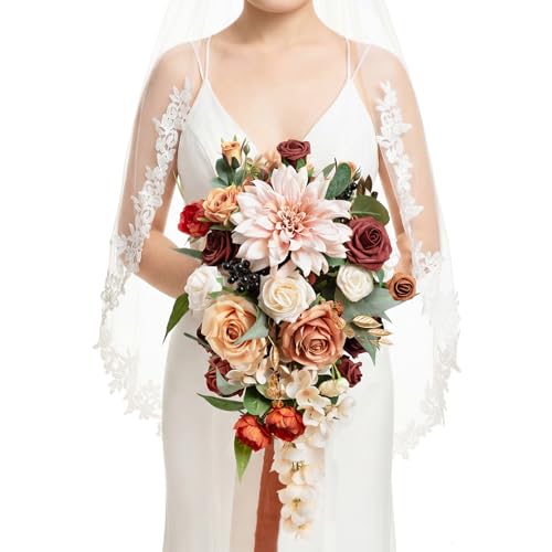 Ling's Moment Small 13-Inch Cascading Terracotta Wedding Bouquet for Bride - Or-chic Variant
