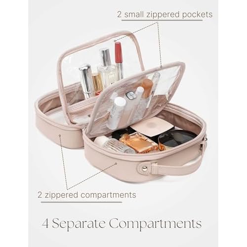 Clear Cosmetic Bag Double Layer 4 Compartments Travel Toiletry Bag Clear Makeup Bag Case with Zipper Transparent Travel Bag for Toiletries, Gift for Women Girls (Taupe, Small)