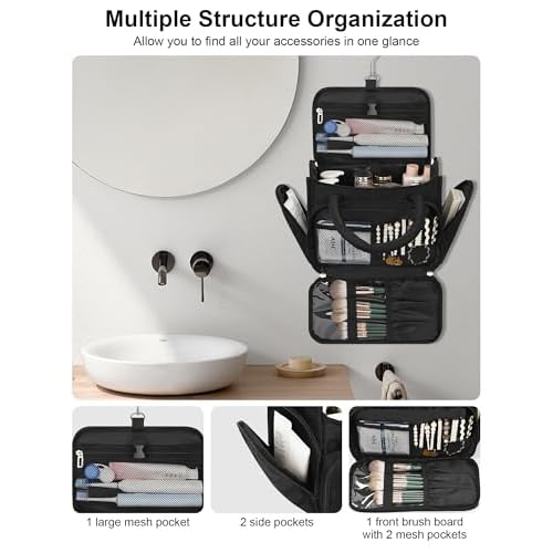 Hanging Toiletry Bag for Women - Travel Makeup Organizer with Brush Compartment, Portable Toiletry Bag with Removable Dividers for Full-size Container, Lightweight Cosmetic Case for Trip - Black