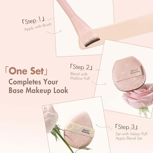 Makeup Brush & Sponge Set Rosy Reverie Satin Rose Edition K - 3-Piece Kit for Flawless Foundation & Powder