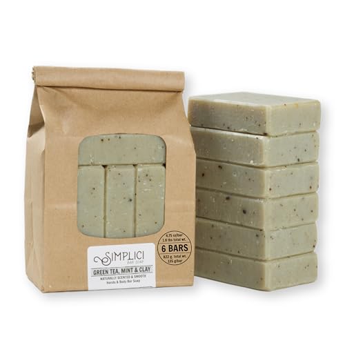 Simplici Green Tea, Mint & Clay Natural Soap (smooth + pure essential oils) 6 Bar Value Bag. Palm Free