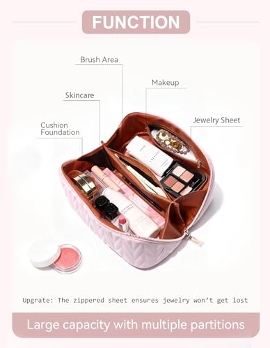 Travel Makeup Bag for Women - Pink Large Capacity Cosmetic Organizer with Divider & Handle