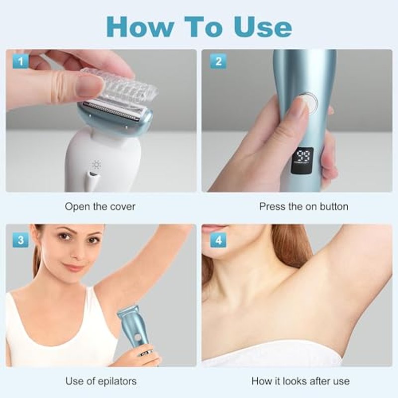 3-in-1 Cordless Women's Epilator, Electric Shaver & Bikini Trimmer for Legs & Underarm, Rechargeable Wet Dry Use Painless Hair Removal with Detachable Head