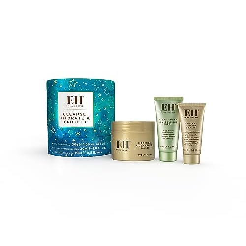 Emma Hardie Cleanse, Hydrate & Protect Gift Set: 30ml Moringa Cleansing Balm, 30ml Midas Touch Revitalising Cream & 15ml Protect & Prime SPF30 Sunscreen Face Moisturiser, Natural & Cruelty Free