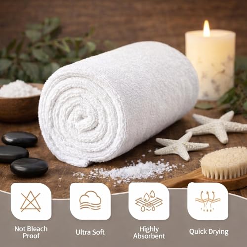 HOME ESSENTIALS 24 Pack White Salon Towels 15x25 Inches - Absorbent Hand & Spa Towels for Hair, Bathroom, Gym, Spa, Hair Care