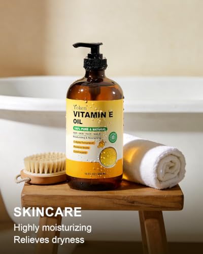 Yoken 16oz Vitamin E Oil for Skin, Face, Body, Hair - Recyclable Glass Bottle