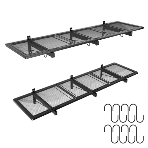 Garage Wall Shelving 46x12.5 Inches with Hooks - Heavy Duty Storage Rack - Black Metal Wall Organizer - Variation 2