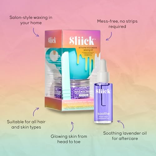 Sliick DIY At-Home Waxing Kit with Hard Wax Beads, Cup, Spatula & Lavender Post Wax Oil ? Face & Body Hair Removal, Soothing Aftercare