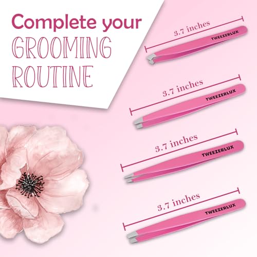 Tweezers Set - Professional Stainless Steel Tweezers for Eyebrows - Great Precision for Facial Hair, Splinter and Ingrown Hair Removal (PINK)