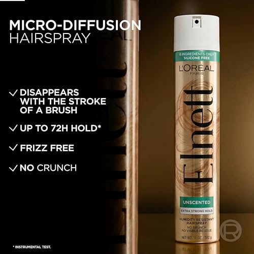 L'Oreal Paris Elnett Unscented Hairspray 11oz Pack of 2 - Extra Strong Hold, Humidity Resistant