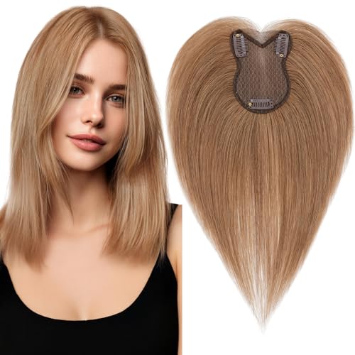 Elailite Human Hair Topper 11 Inch Light Brown Hand-Tied Lace Base Clip-In for Thin Hair - Variation #06