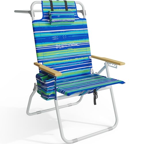 Tall Backpack Beach Chair with Wooden Armrests, 17" Seat Height, 5 Reclining Positions - Blue & Green Variation