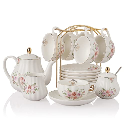 Rose Flower Porcelain British Royal Tea Set for 6 with Teapot & Accessories