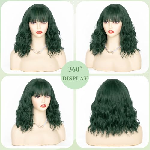 NAYOO Dark Green Wavy Bob Wig with Bangs - 14 Inch Short Green Synthetic Hair for Daily Wear & Cosplay