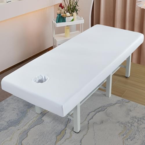 White Reusable Massage Table Sheets 75x31.5 Inches with Face Hole - Waterproof & Oilproof Fitted Bed Cover
