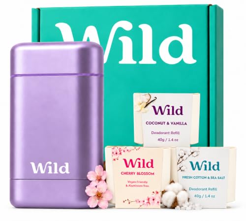 Wild Aluminum Free Natural Deodorant Starter Kit - Refillable Case & 3 Scents - Women's Fresh Variety