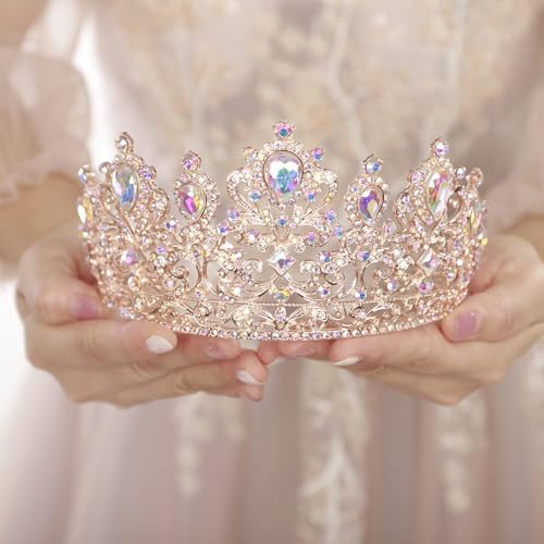 AB Rose Gold Vintage Rhinestone Tiara Crown for Women Bridal Prom Wedding Princess
