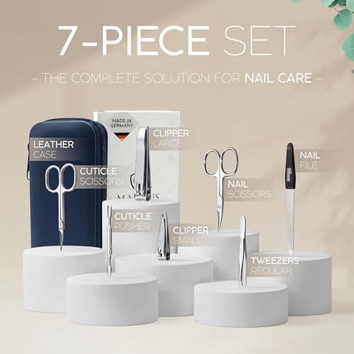 Manicure Set Solingen Made in Germany - 7 Piece Exclusive Finger & Toe Nail Clippers Kit for Women and Men in Real Leather Case, Color Blue