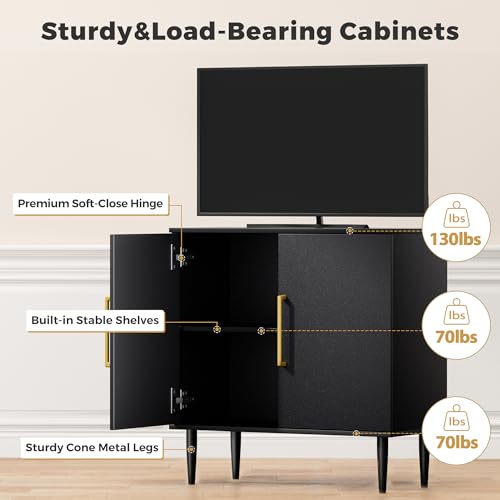 Black Storage Cabinet - Modern Buffet Sideboard with Shelves & Gold Handle
