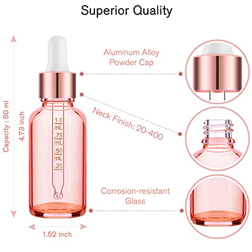 PrettyCare Glass Eye Dropper Bottles 2oz (60ml), 63 Pack Empty Thick Rose Glass Bottles Bulk with Leakproof Caps - With Labels & Funnels for for Storage, Travel,Essential Oils, DIY Serums, Tincture