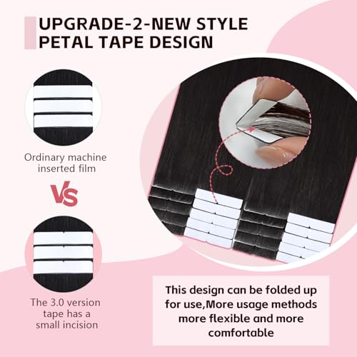 3rd-Generation Invisible Hair Extension Tape - Real Human Hair, Natural Black, 14 Inch