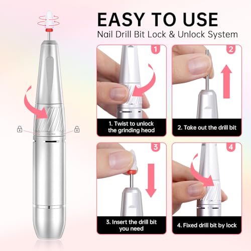Pink Diamond Nail Drill Portable 35000RPM with 12 Drill Bits - Professional & DIY