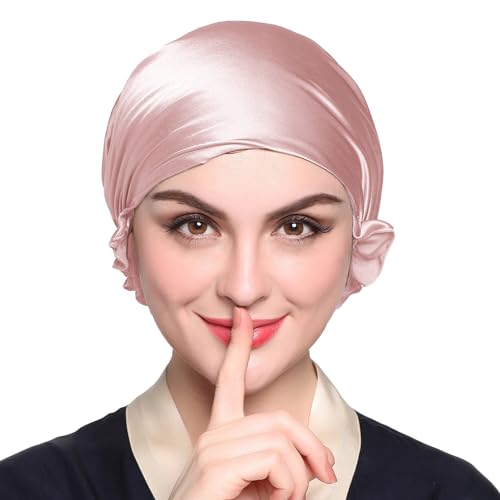 Silk Sleep Cap for Women - Adjustable Mulberry Silk Bonnet Rosy Pink